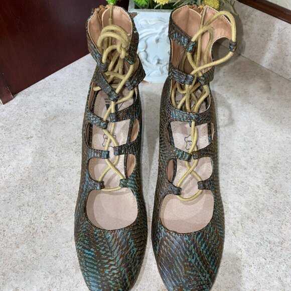Vanessa Wu Ghillie Lace-Up Block Heels Size 38 US 7.5 Leather Upper Brown & Teal - Picture 4 of 12